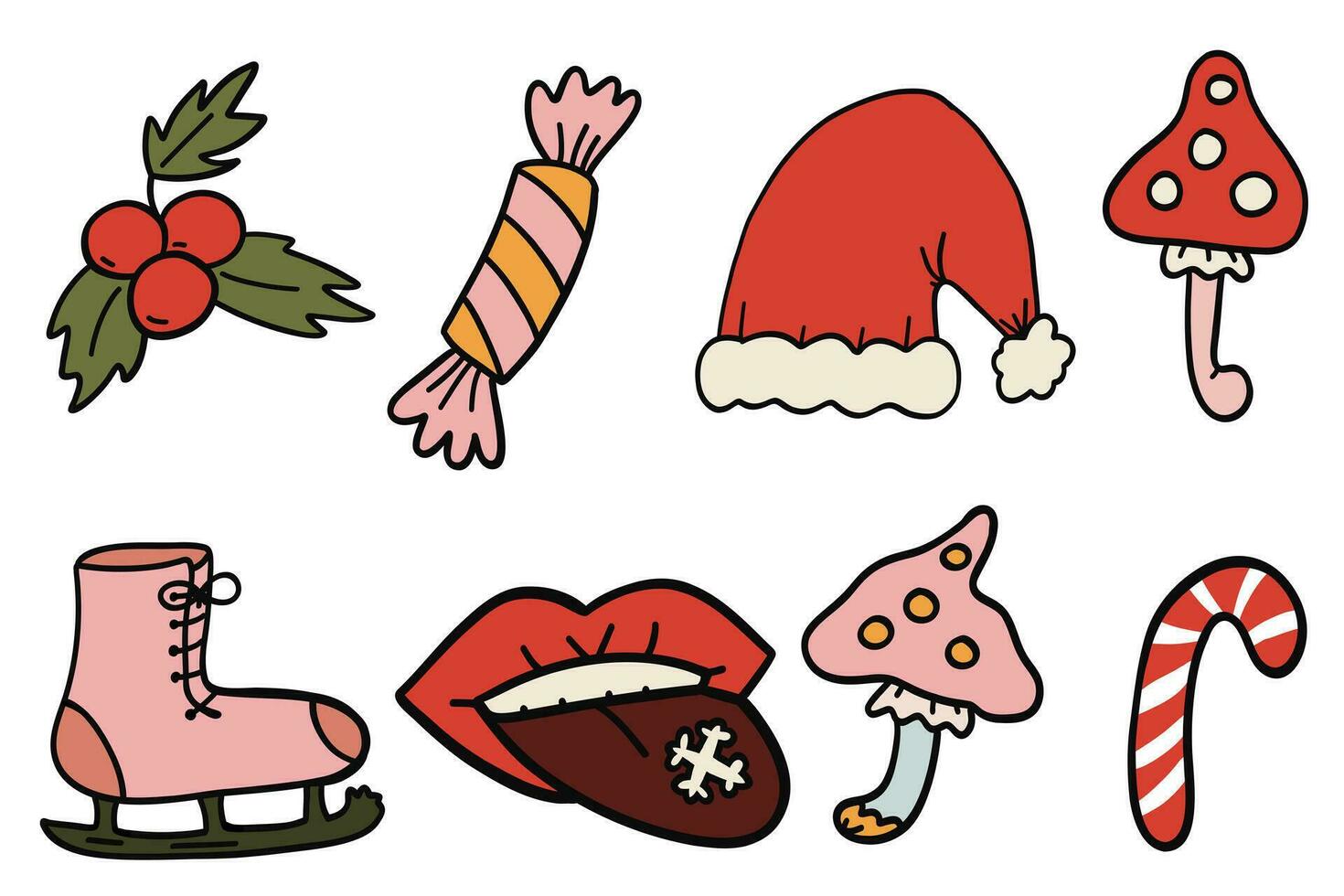 Christmas Groovy icons set skates lips and hat vector