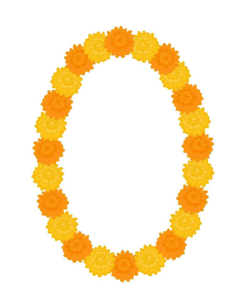 Traditional Indian flower garland frame with marigold flowers. Decoration for Indian Hindu holidays. Vector illustration isolated on white background.