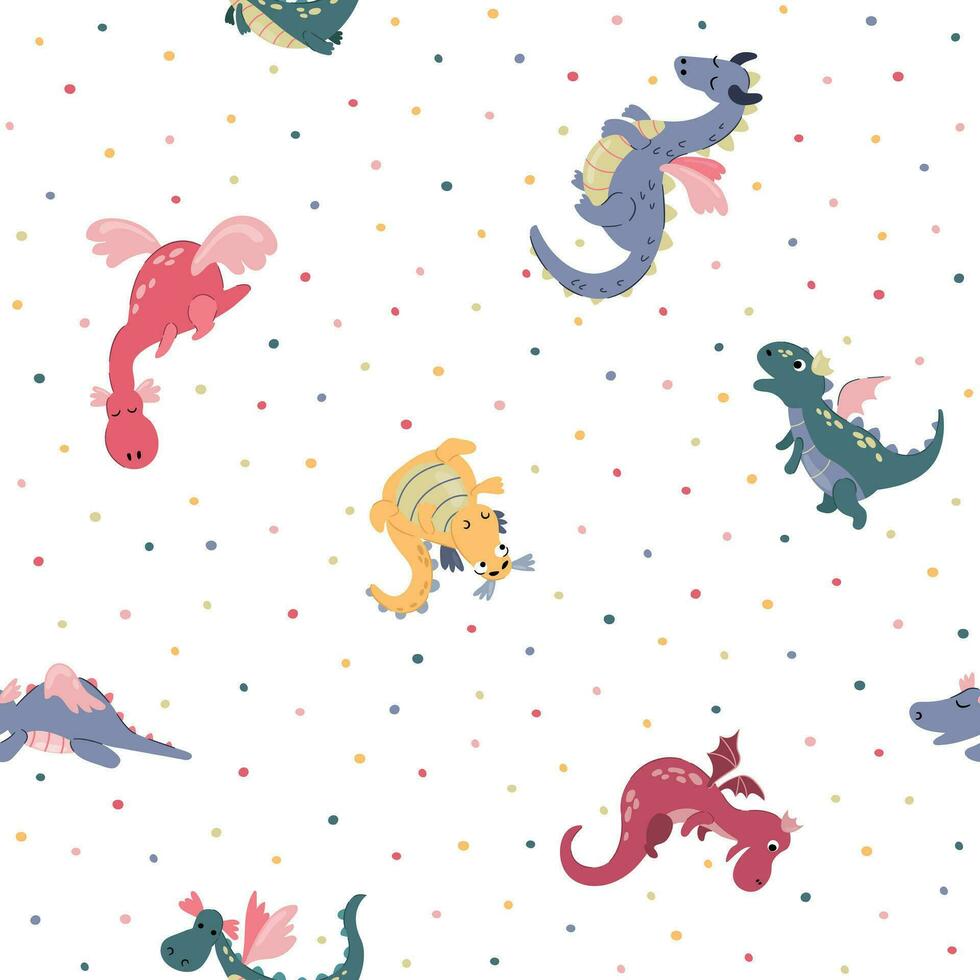 Seamless pattern with cute hand drawn dragons. Design for fabric, textile, wallpaper, packaging. vector