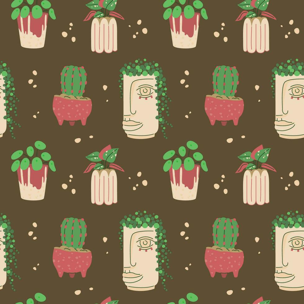 Seamless pattern with houseplants in creative ceramic pots. vector