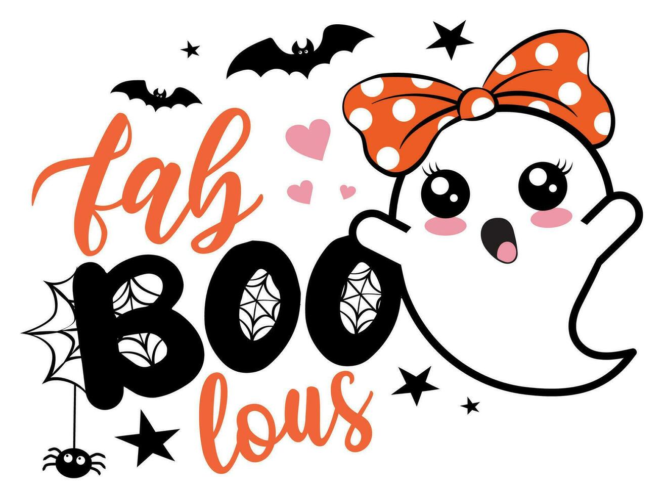 Faboolous Halloween vector illustration with cute ghost, hearts, spider and bats. Girls Halloween design isolated.