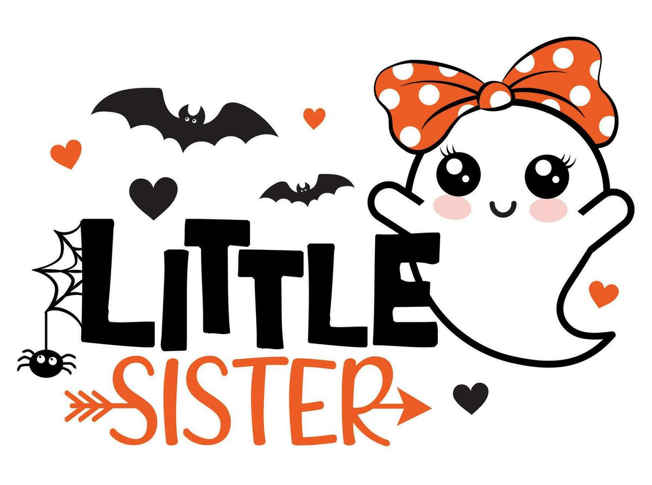 Little Sister Halloween vector illustration with cute ghost, hearts, spider and bats. Girls Halloween design isolated.