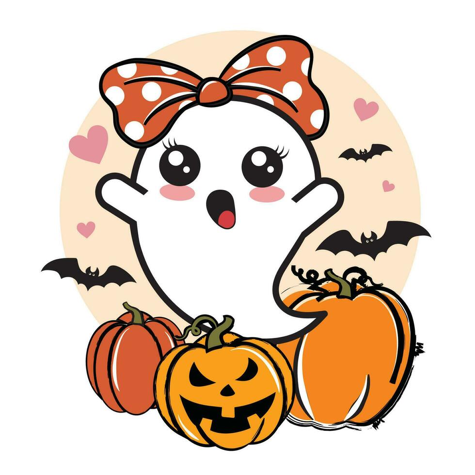 Cute Ghost girl Halloween vector illustration with pumpkin, hearts, and bats. Girls Halloween design isolated.