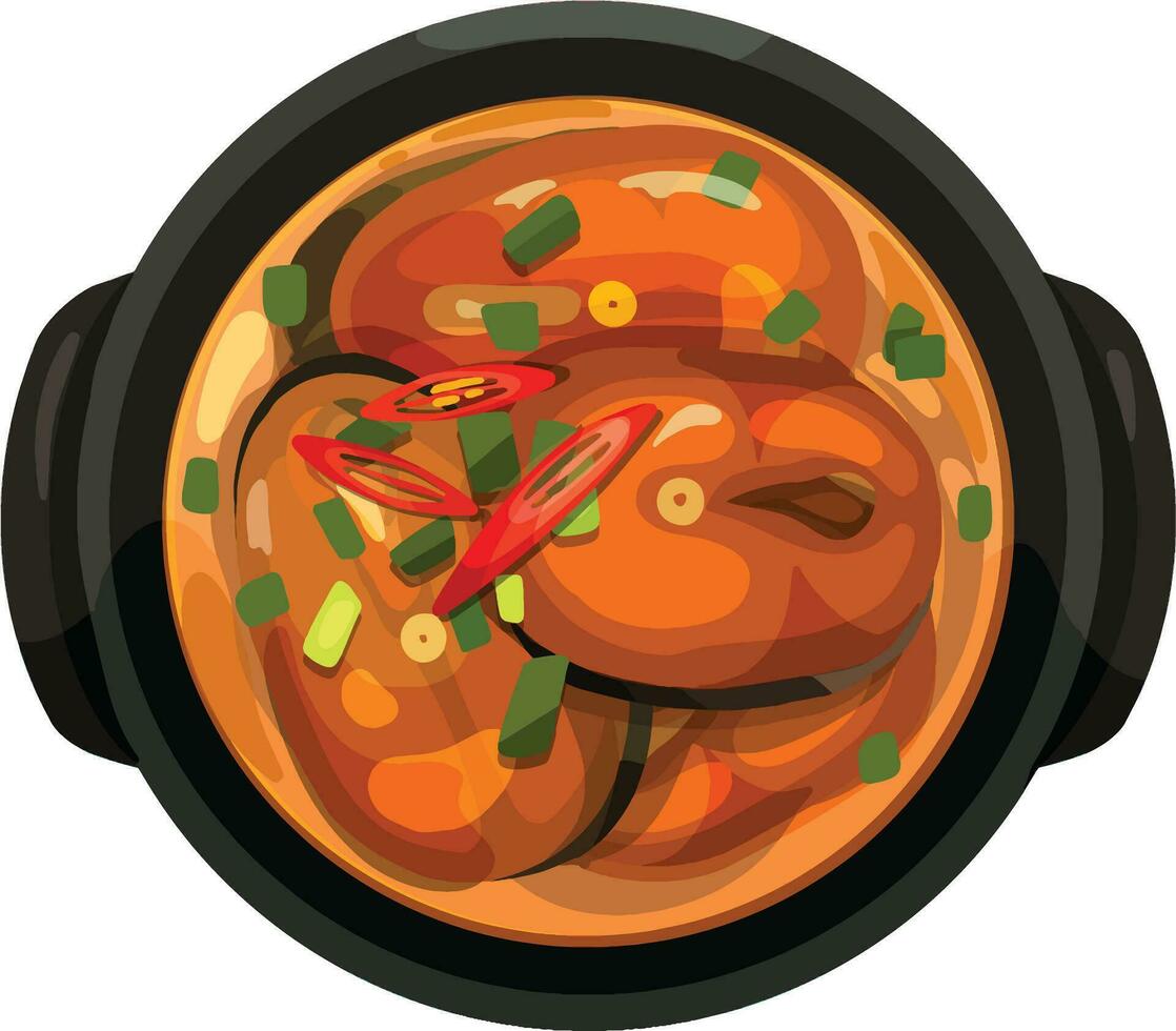 Ca Kho Vietnamese Braised And Caramelized Catfish. Top View Vietnamese Food Illustration Vector. vector