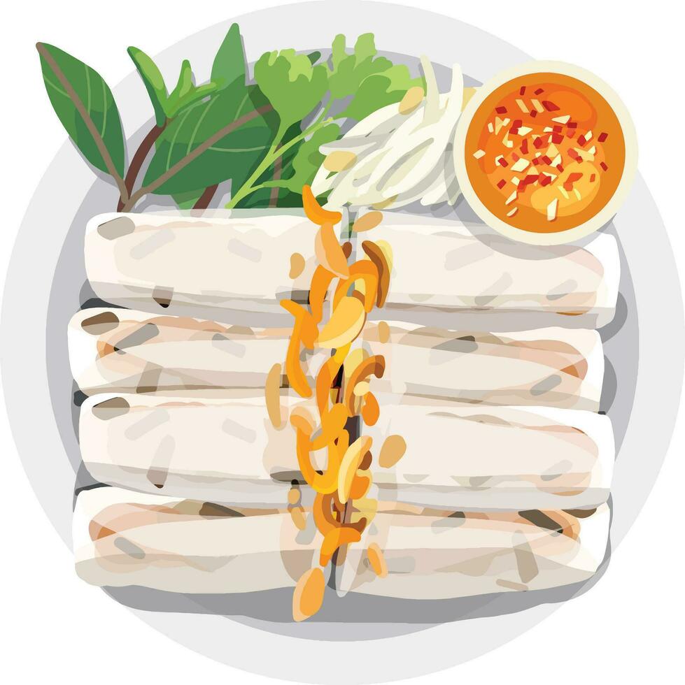 Banh Cuon Vietnamese Steamed Rice Rolls. Top View Vietnamese Food Illustration Vector. vector