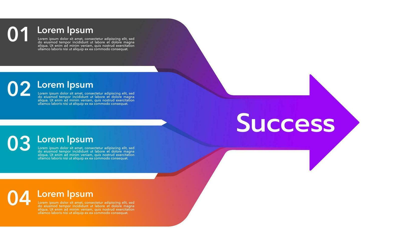 infografía negocio presentación 4 4 opciones a éxito. infografía flechas estrategia, marketing, informe. vector ilustración.