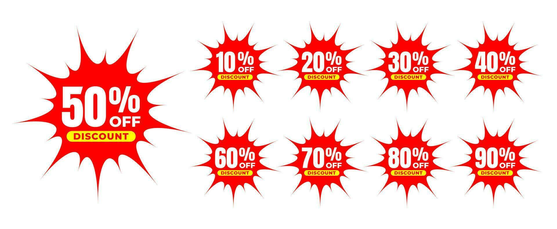 10, 20, 30, 40, 50, 60, 70, 80, 90 Percent Discount. Sale tags set vector badges template. Set discount badge shape. Explosion vector design