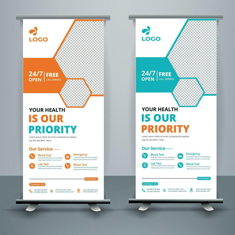 Modern healthcare and medical roll up design for hospital doctor clinic dental. standing banner template decoration for exhibition, printing, presentation, elegant layout. vector