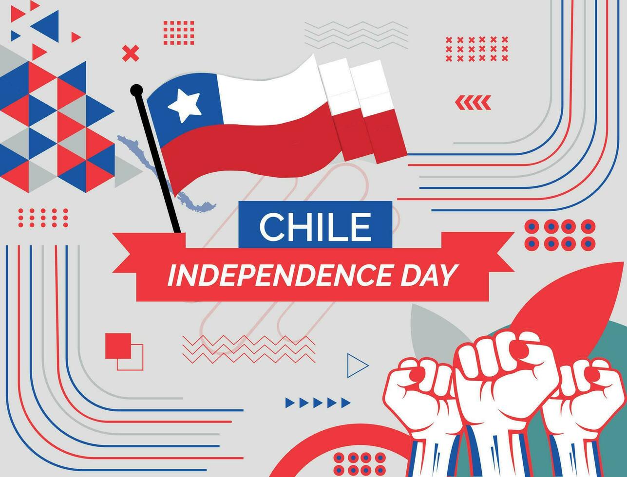 CHILE Map and raised fists. National day or Independence day design for CHILE celebration. Modern retro design with abstract icons. Vector illustration.