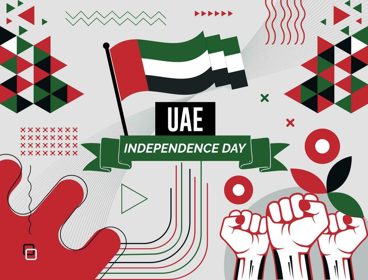 UEA national day banner with map, Flag of united arab emirates  colors theme background and geometric abstract retro modern colorfull design with raised hands or fists. vector