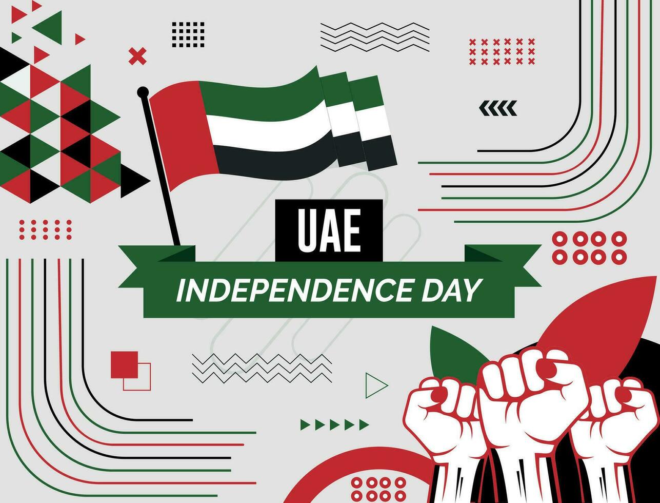 uea nacional día bandera con mapa, bandera de unido árabe emiratos colores tema antecedentes y geométrico resumen retro moderno colorido diseño con elevado manos o puños vector