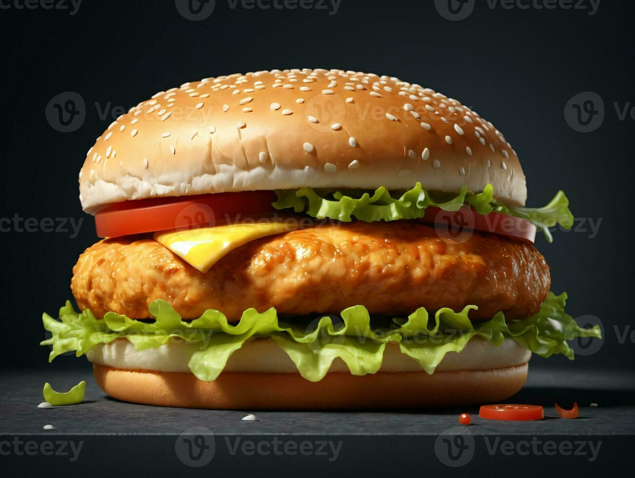 A Chicken Sandwich With Lettuce And Tomato On A Bun. AI Generated photo