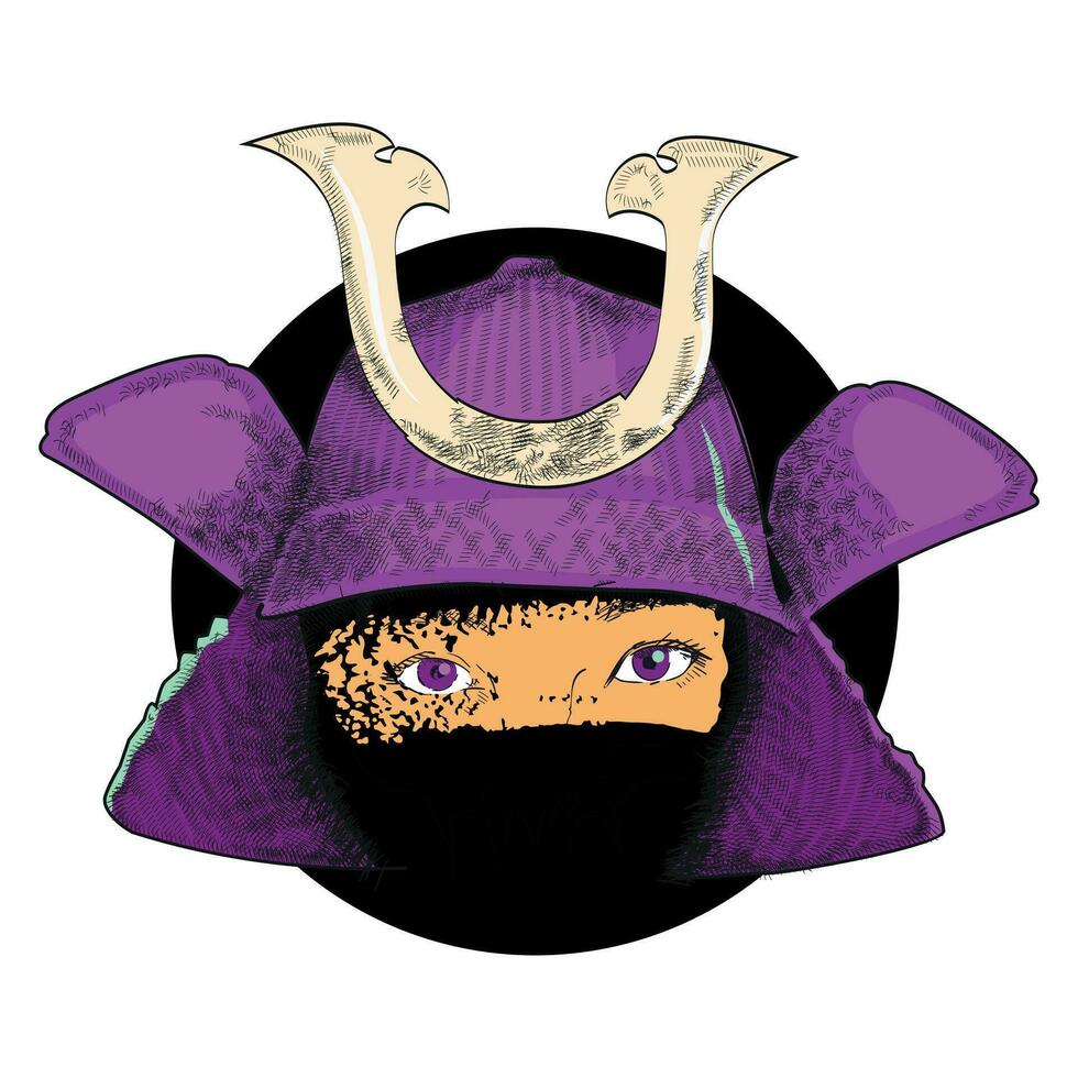 T-shirt design for a young Asian woman with a samurai helmet. Vector illustration for a feminist look.