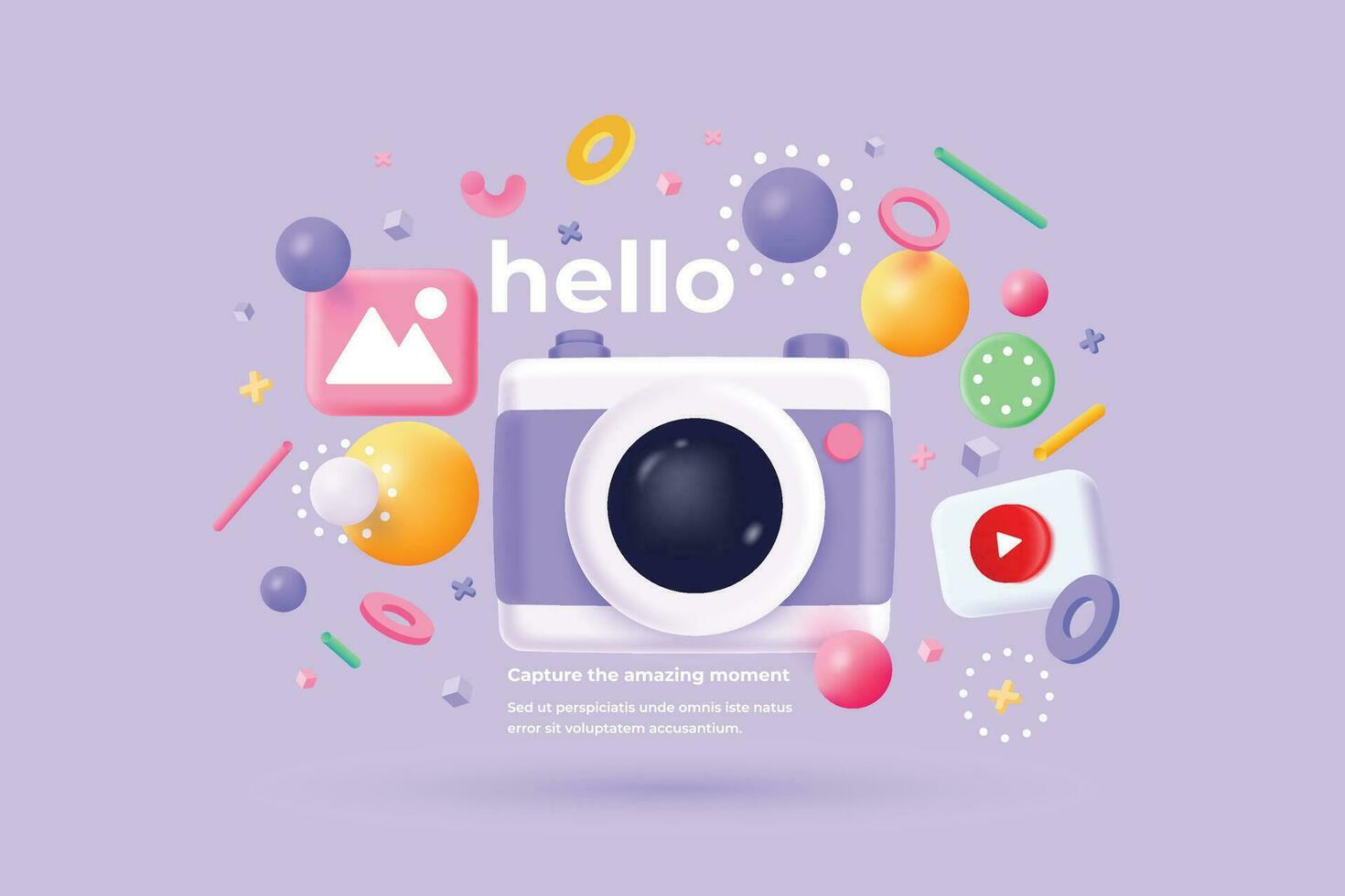 photo camera with icons and text hello vector