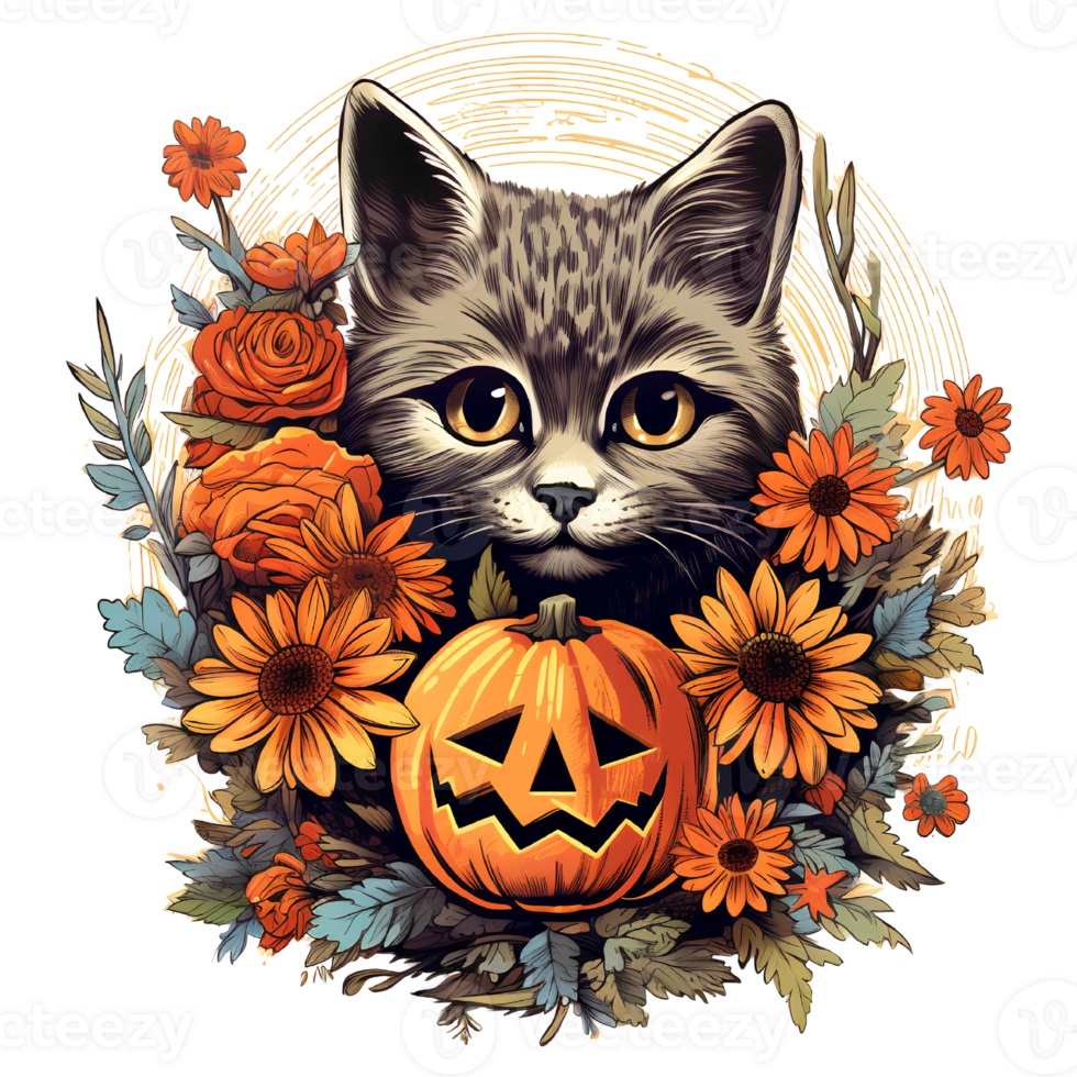 cat dog cut flowers vintage ai generative png