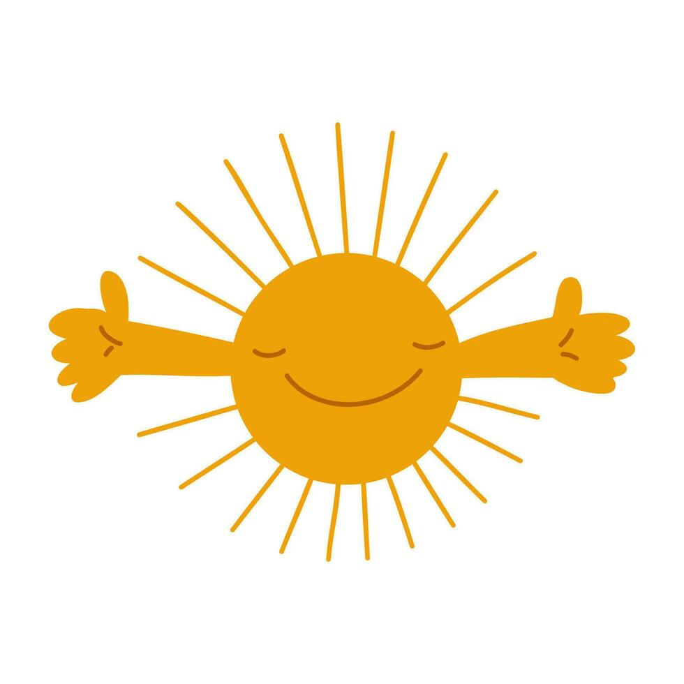 Cute funny Sun hugging character. Vector hand drawn cute cartoon character illustration icon. Isolated on white background. Sun with smile and hand image.
