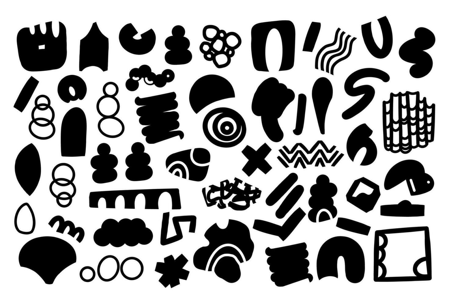 Set of hand drawn various shapes and doodle objects silhouettes. Abstract contemporary modern trendy vector illustrations. One color palette. All elements are isolated.