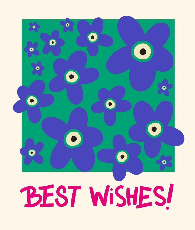 Best Wishes vertical card. Greeting words with bold modern flower composition. Template for stickers, banners, social media, posters. vector