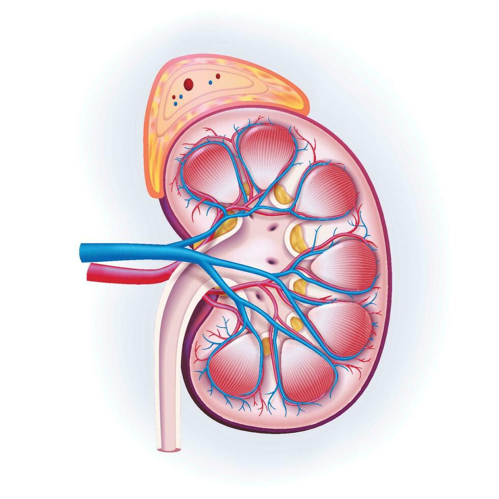 3d ilustración, sección transversal de humano riñón y suprarrenal glándulas usado en medicamento, ciencia, educación, industria y comercio. vector