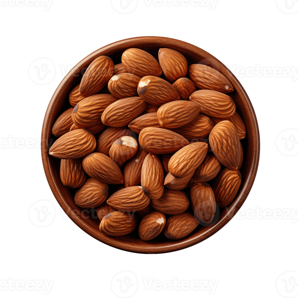 The almonds in black bowl isolated on transparent background. Top view AI Generative png