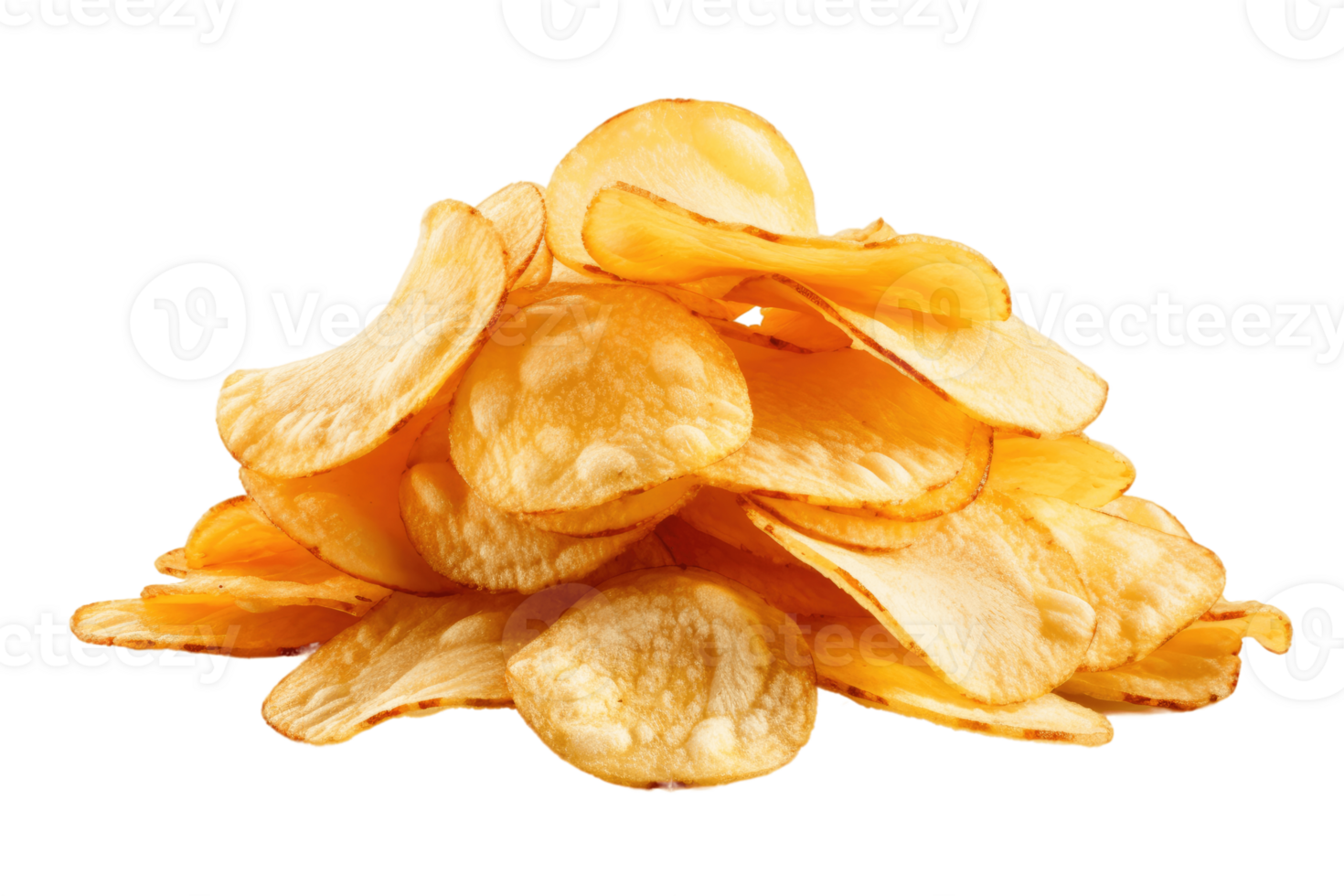 Pile of potato chips fluted close-up on a transparent background. Isolated AI Generative png