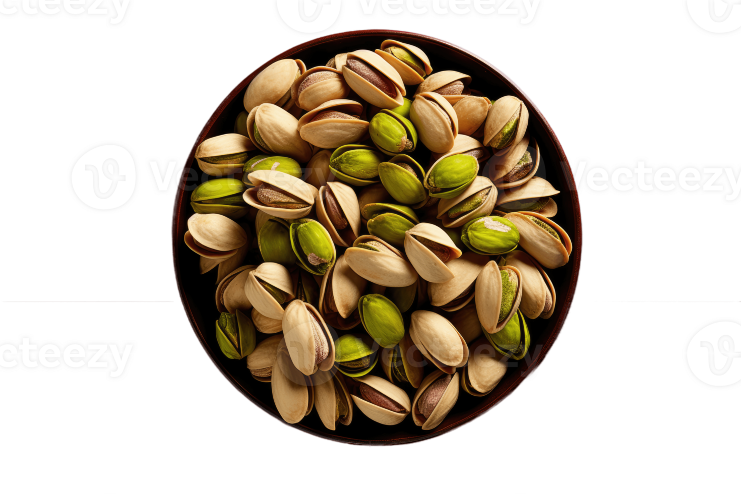 The pistachio in black bowl isolated on transparent background. Top view AI Generative. png