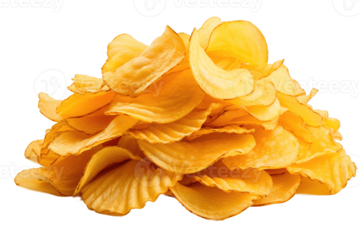 Pile of potato chips fluted close-up on a transparent background. Isolated AI Generative png
