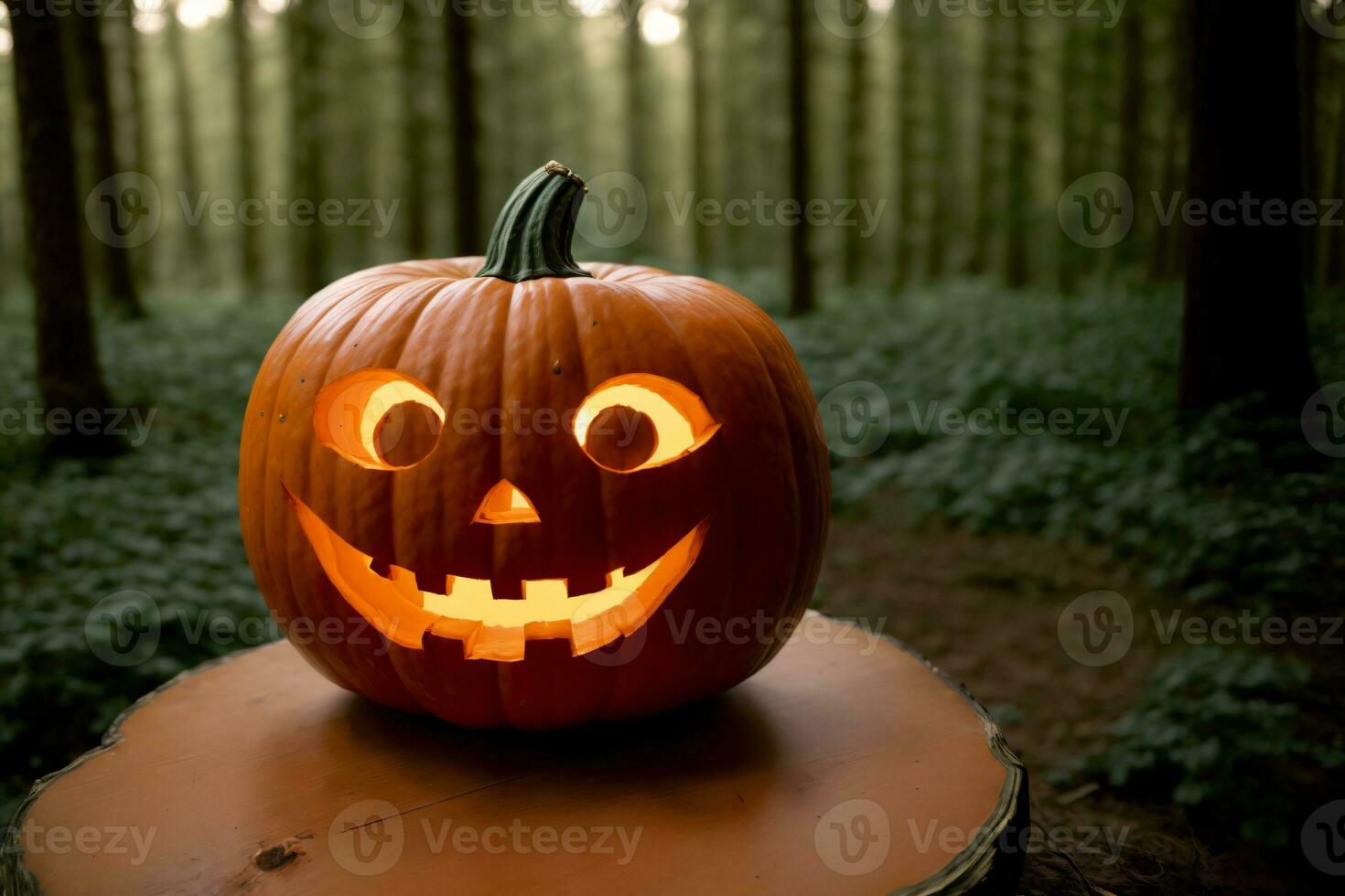 un tallado calabaza sentado en parte superior de un de madera mesa. ai generado foto