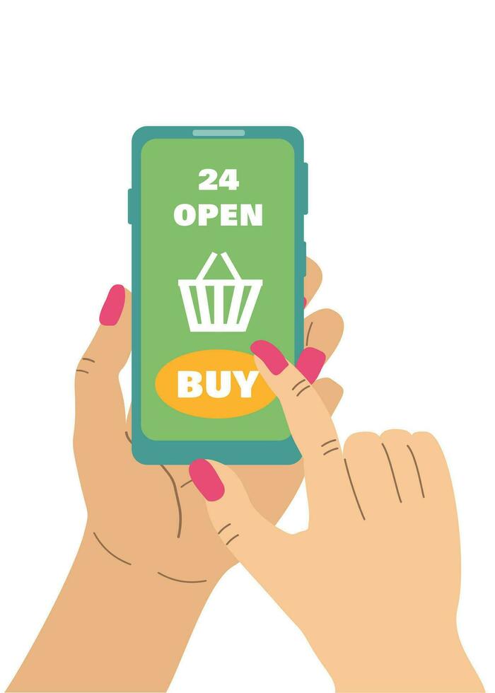 A woman holds a smartphone in her hands and pays for a purchase in an online store. A woman presses the buy button on the smartphone screen. Online shopping via internet, vector illustration