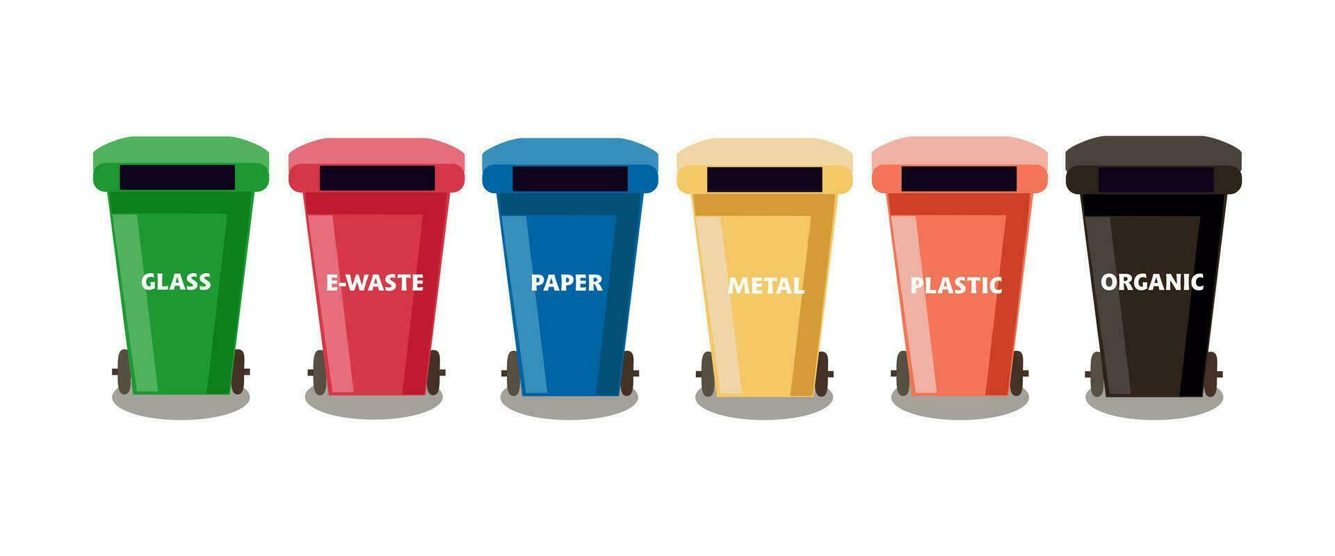 A set of colored containers for separating waste with inscriptions glass, paper, plastic, metal, organic, electronic waste. European classification. Environmental protection, vector illustration