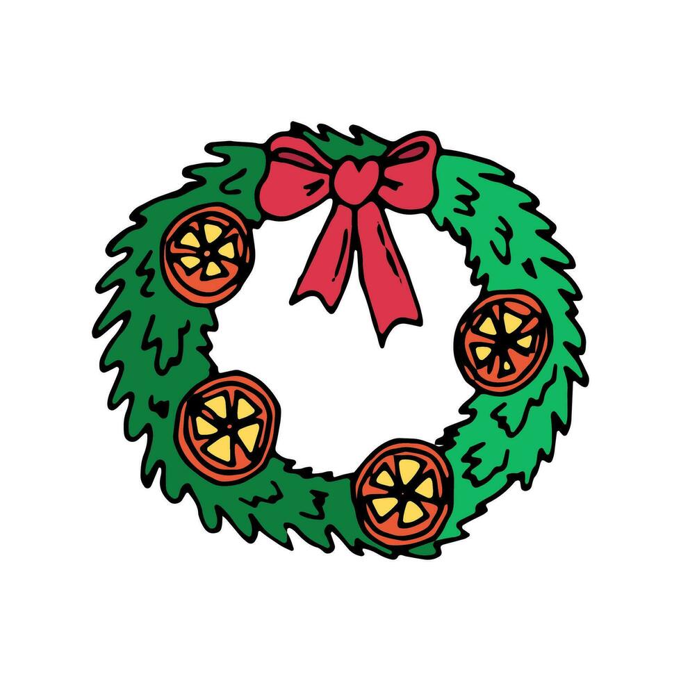 Christmas traditional door wreath made of fir branches with candied oranges and a red bow. Vector doodle cartoon illustration for cards, web design, flyers