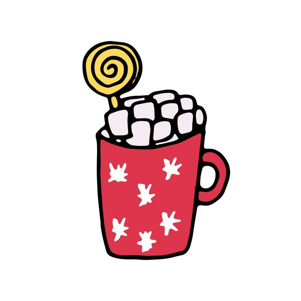 Red cup with hot chocolate, cocoa with marshmallows and lollipop. Vector cartoon doodle illustration.