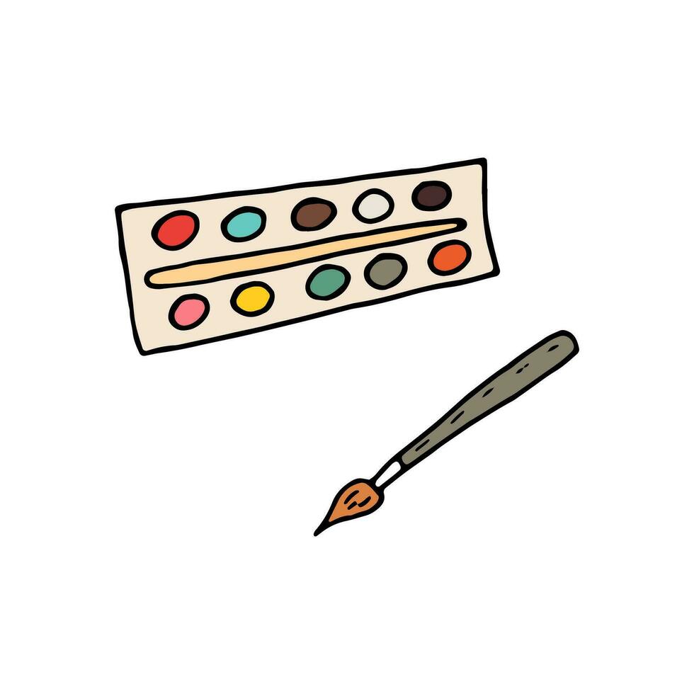 Set for drawing watercolor paints and brush. Vector doodle illustration