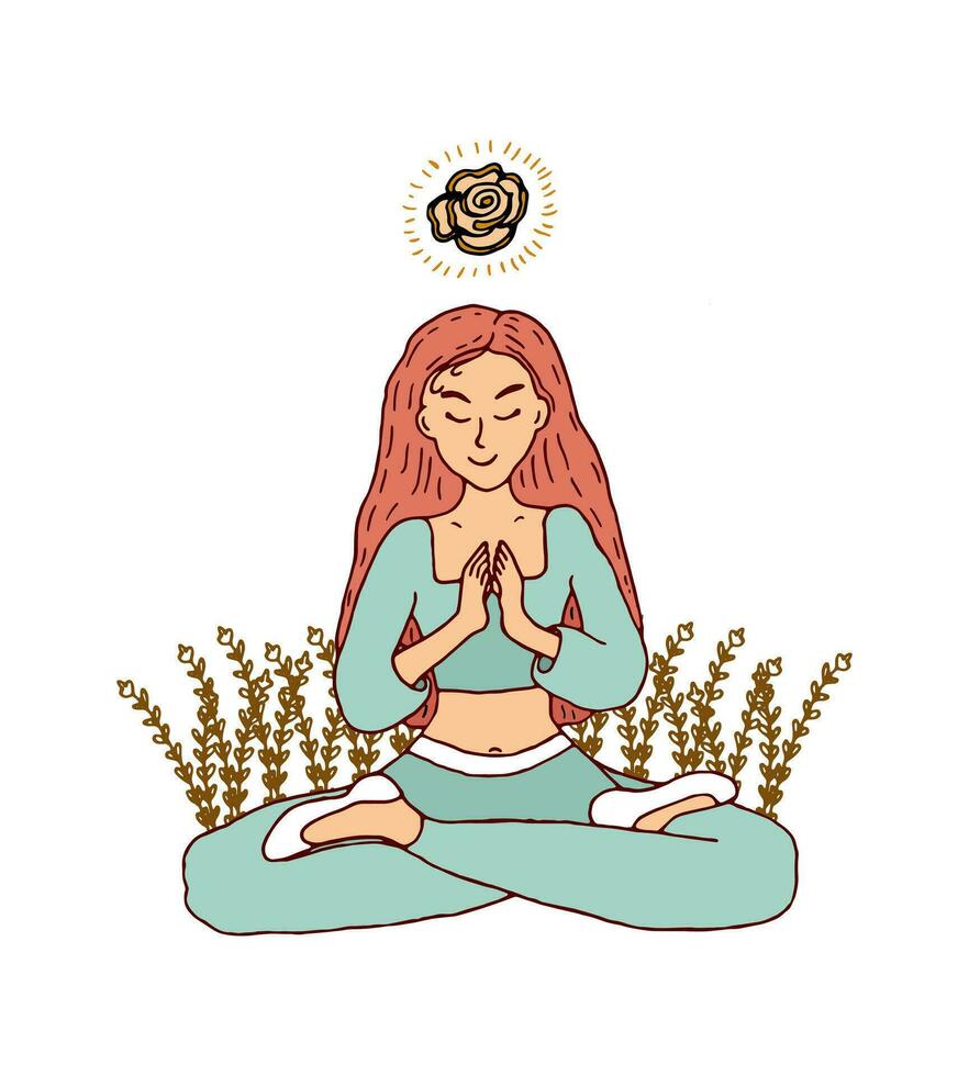 joven mujer medita en el loto posición en naturaleza. vector yoga garabatear ilustración para tarjetas, volantes, invitaciones, pancartas, web diseño