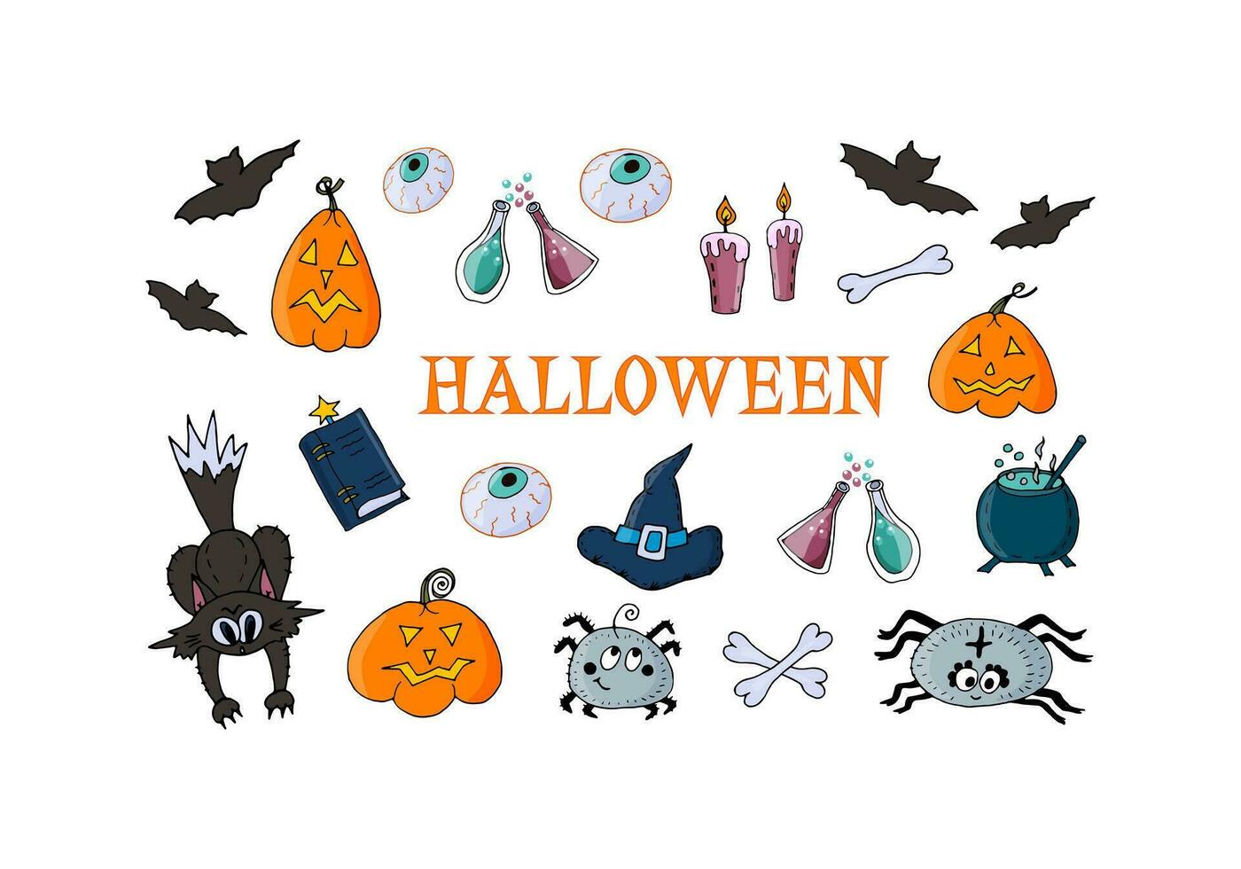 Set of elements for Halloween holiday design pumpkins, eyes, bats, book of spells, bones, cauldron and flasks with potion, witch hat, candles, spiders. Vector doodle illustration