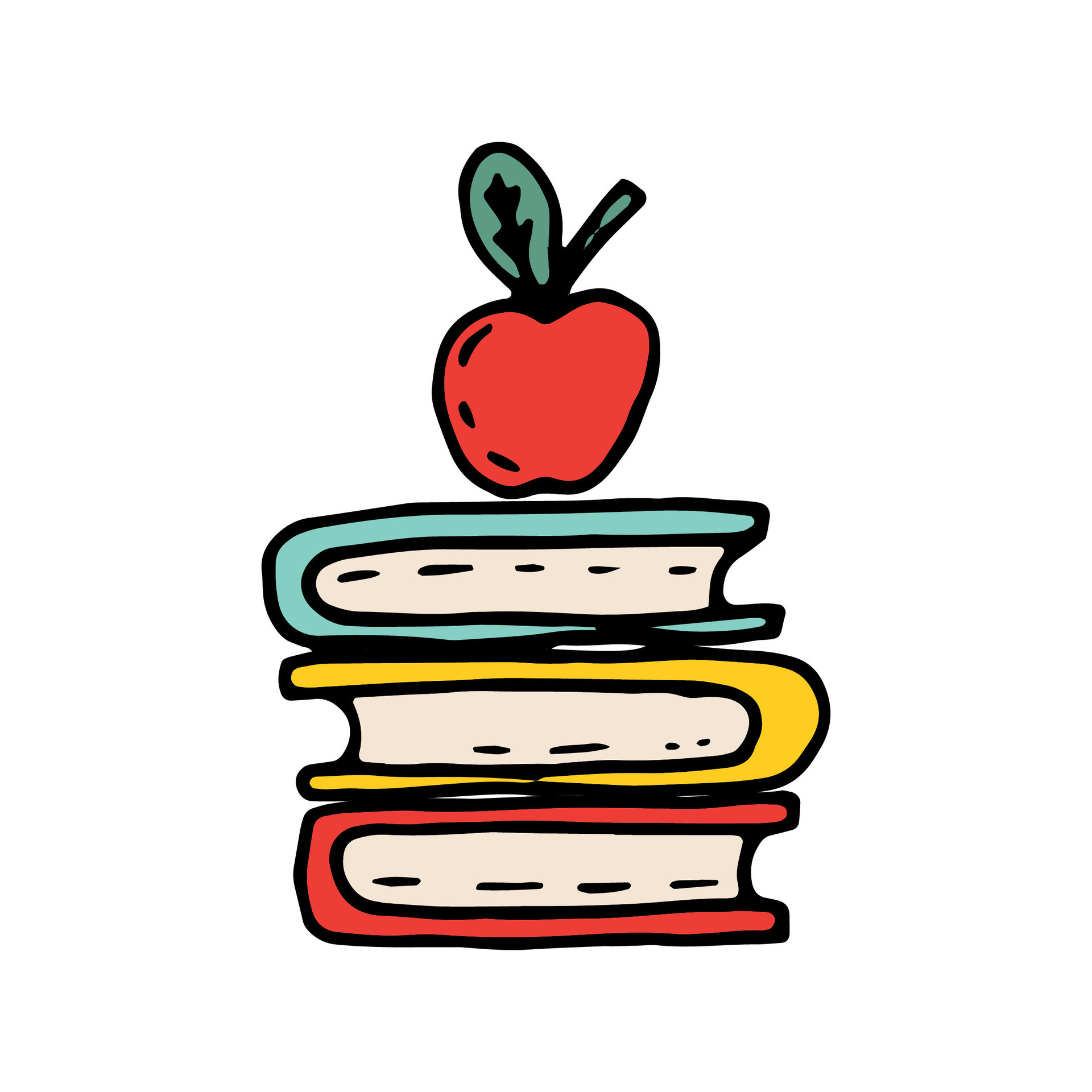 Red apple on a stack of school books. Textbooks, cartoon doodle