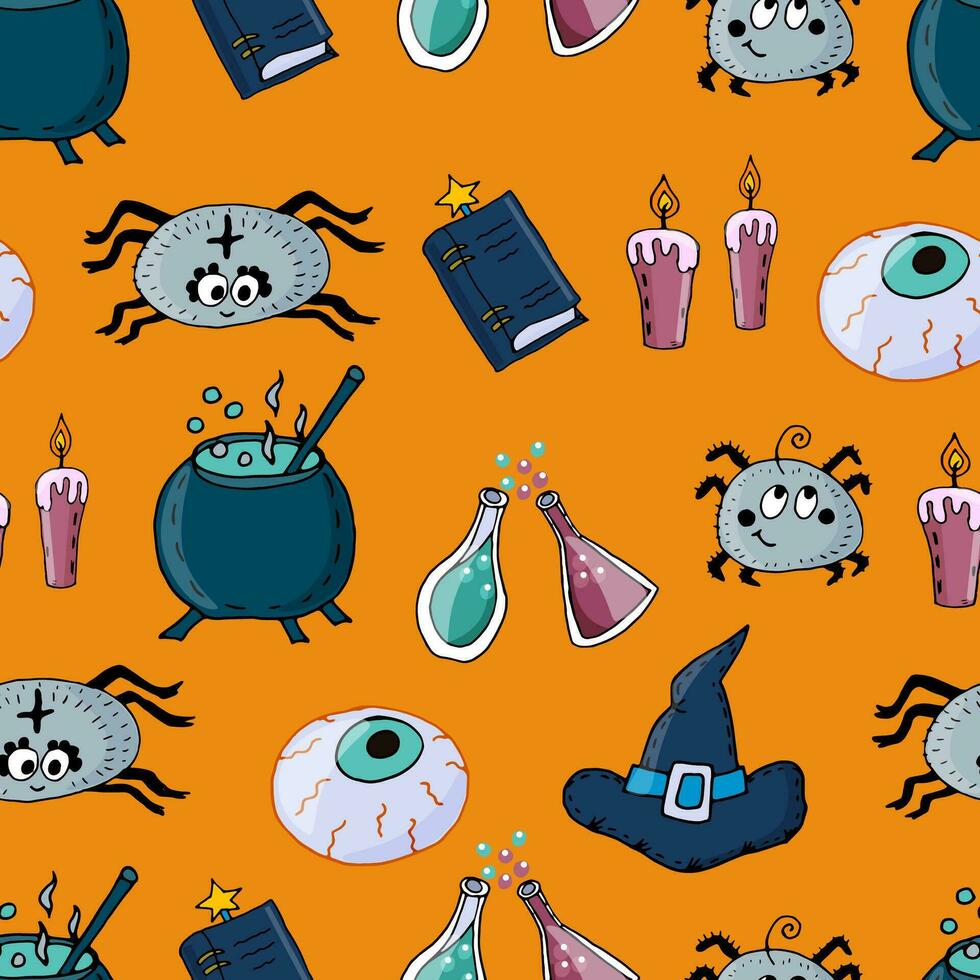 Seamless pattern of Halloween elements - eye, cauldron with potion, flasks with potion, candles, witch hat, spell book, spiders. Vector doodle illustration for packaging, wallpaper, web design