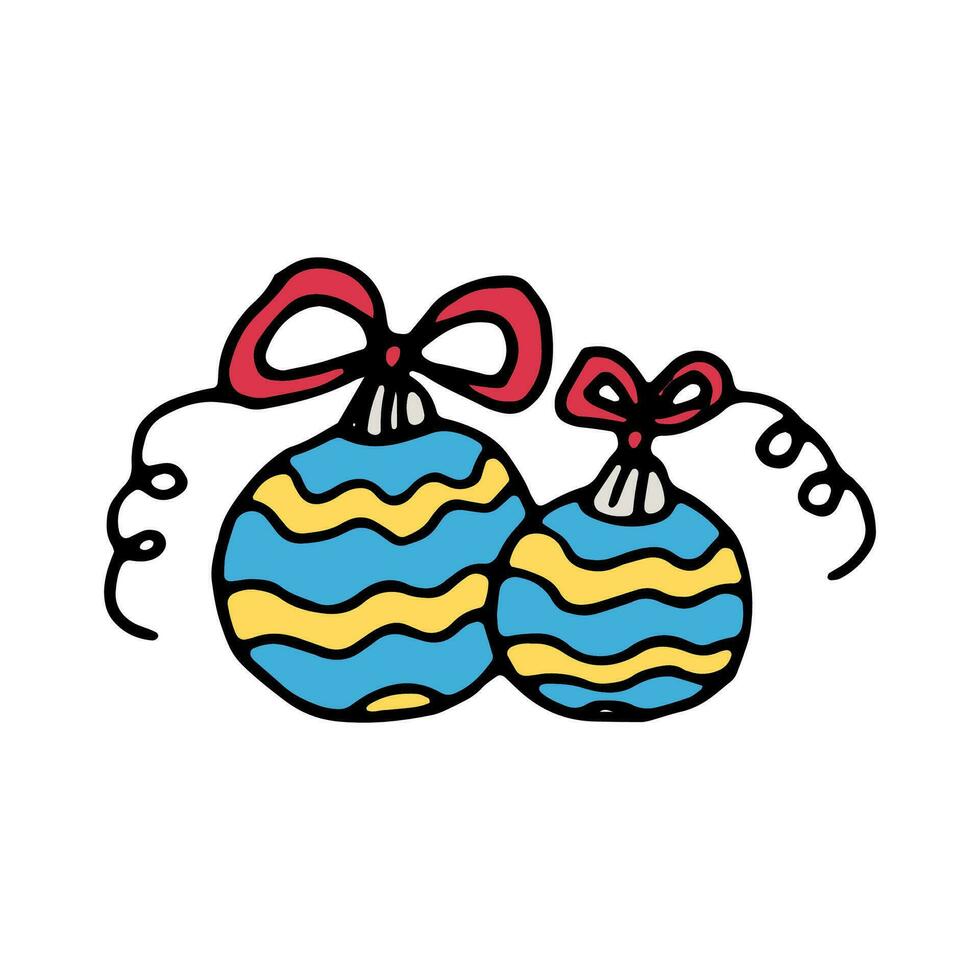 Christmas tree decorations glass balls yellow and blue with a wave pattern and a red bow. Vector doodle cartoon illustration for cards, web design, flyers, invitations