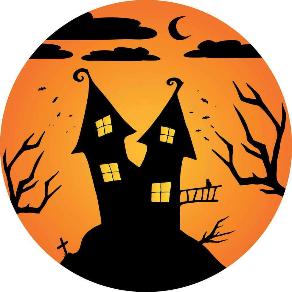 Witch or haunted house silhouette on the hill in a round shaped background. House, crescent, bats and black cat outline. Happy Halloween. Vector illustration