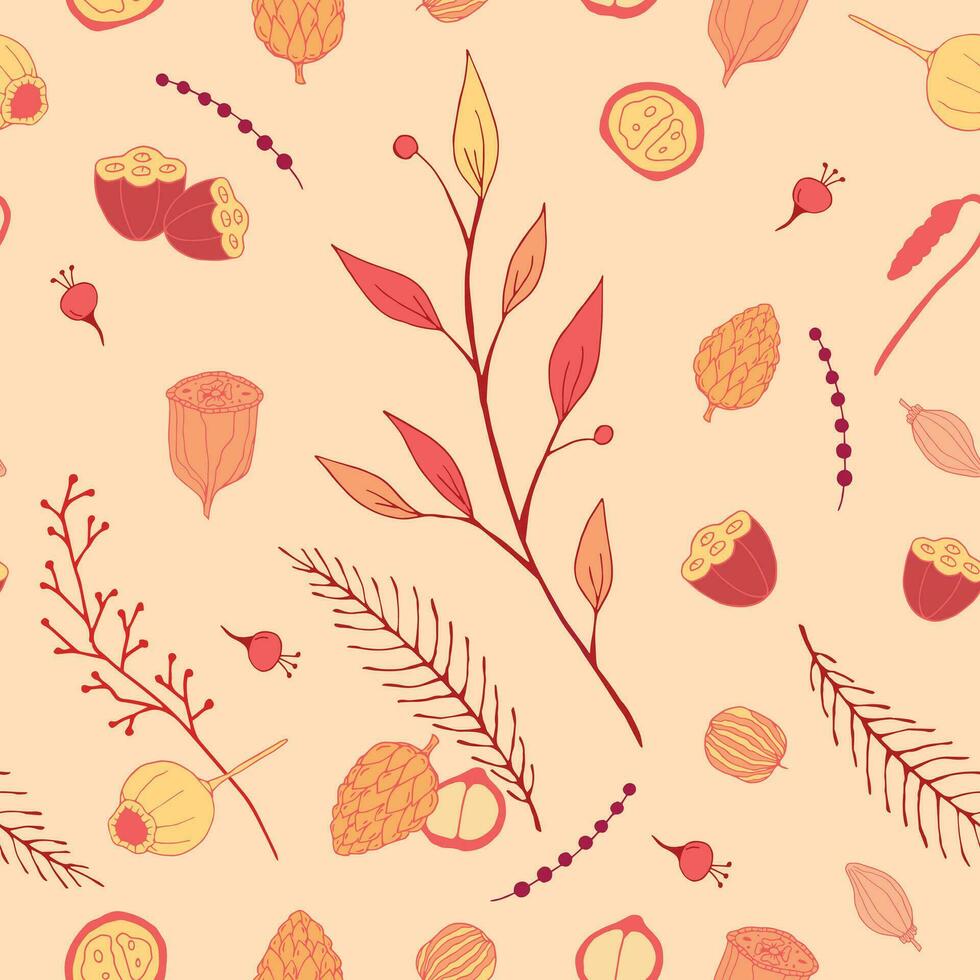 Autumn seamless pattern. Hand drawn foliage and berries. Vector illustration