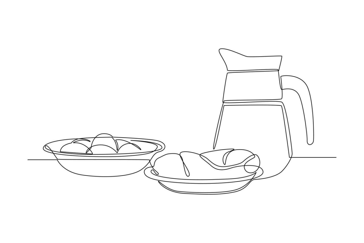 Continuous one line drawing Healthy food concept. Vegetables, fruits and milk. Doodle vector illustration.