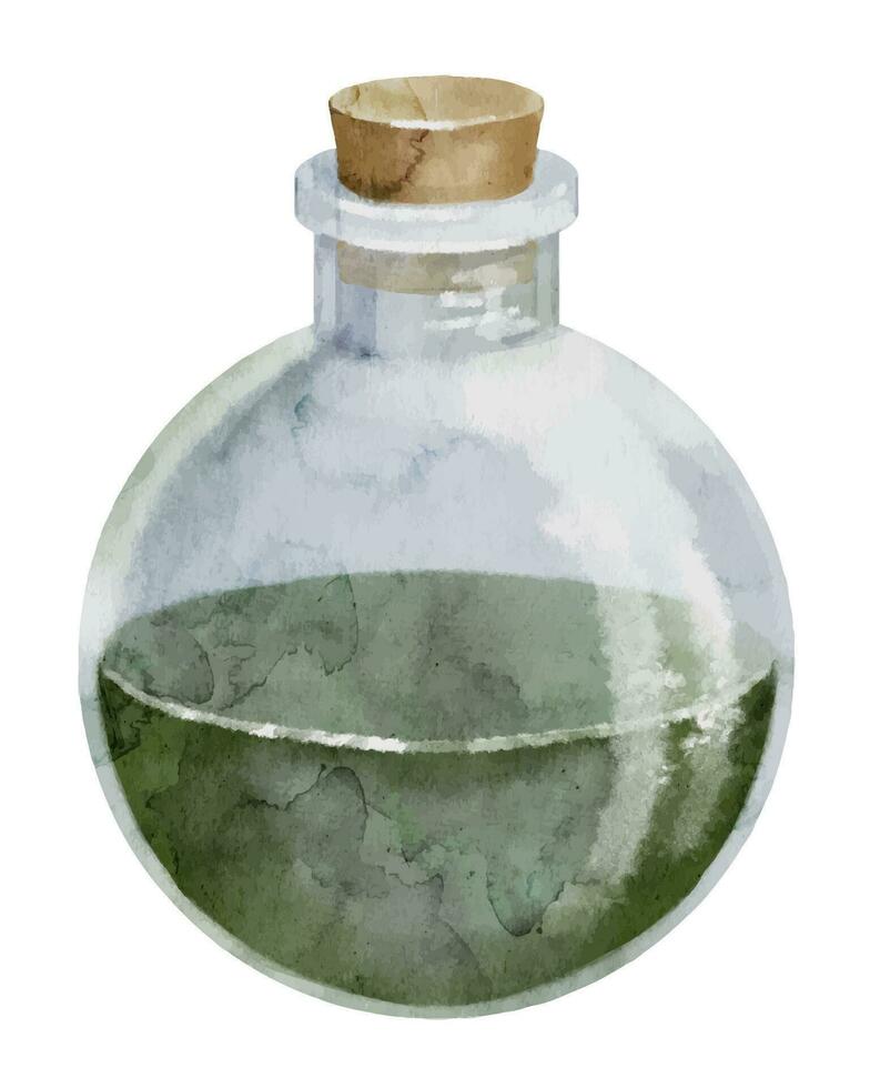 Magic Potion in a round bottle with cork. Watercolor illustration of witchcraft Poison on isolated background. Hand drawn clip art of elixir for Alchemy. Drawing of halloween element for witch spell vector