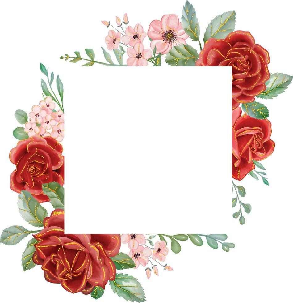 Red Rose with Gold Line Watercolor floral square frame. Luxurious floral elements, botanical background or wallpaper design, prints and invitations, and postcards. vector