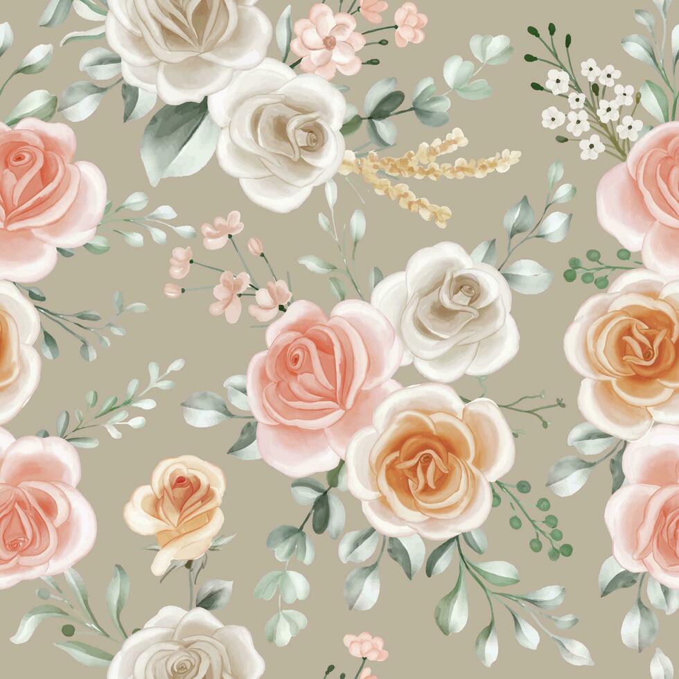 Shades of Peach, Soft Orange and White Roses Seamless Pattern Background Beige vector