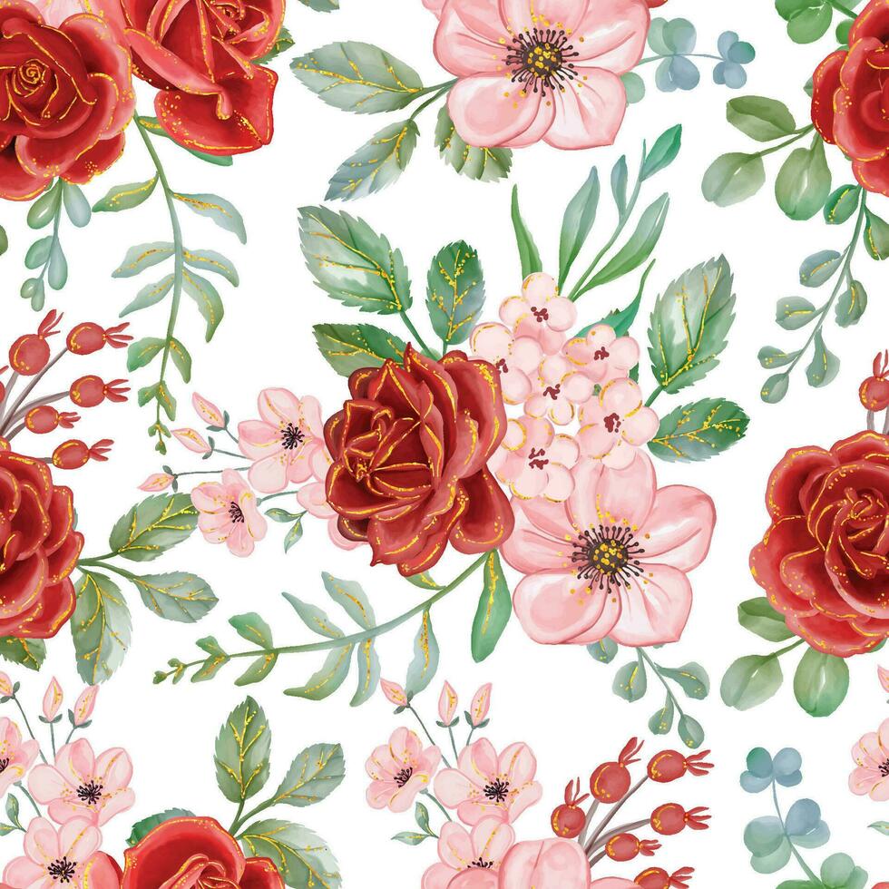 Red Rose with Gold Line Watercolor floral seamless pattern. Luxurious floral backgrounds, textile or wallpaper design, prints and invitations, and postcards. vector