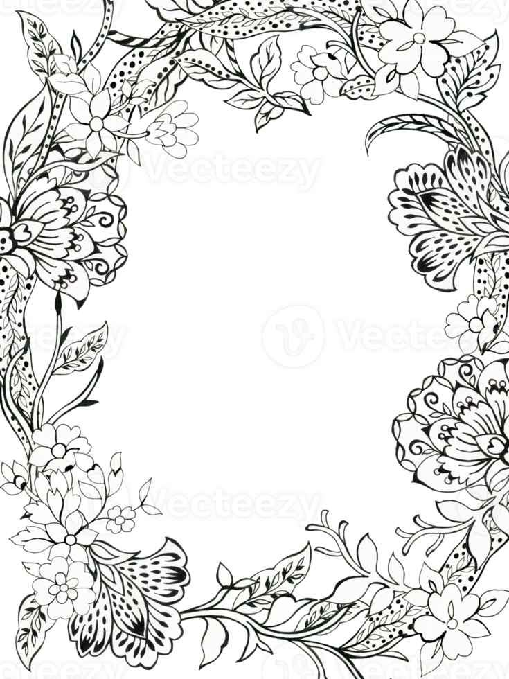 The beautiful of flower foliage art asian oriental template card border outline black Hand Painted png