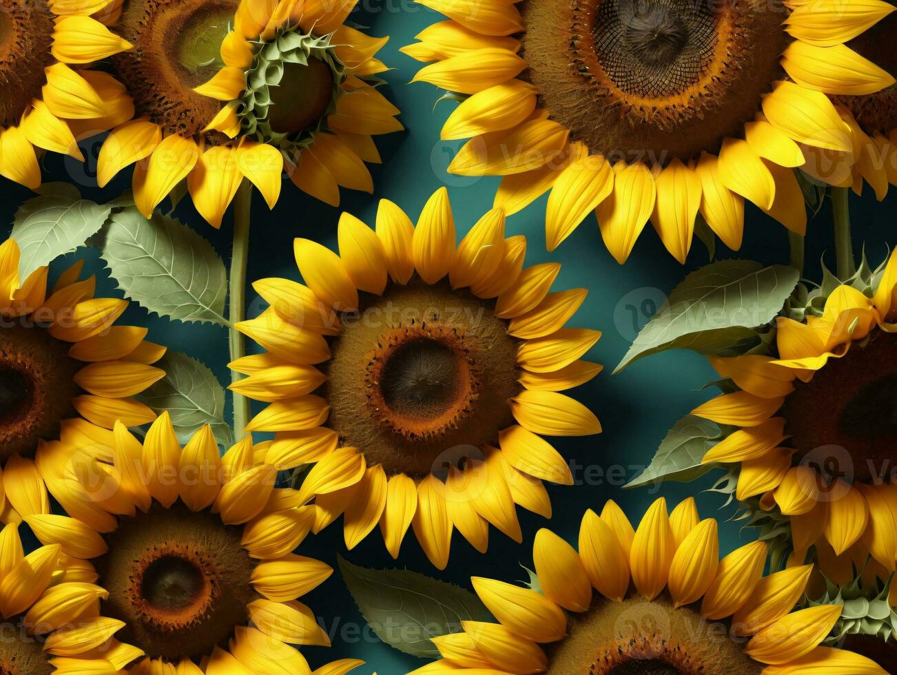 A Large Group Of Yellow Sunflowers With Green Leaves. AI Generated photo