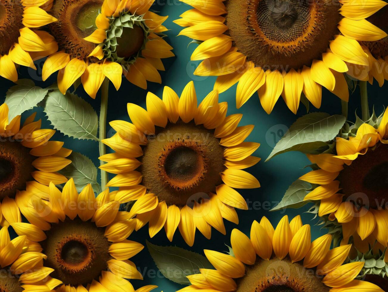 un grande grupo de amarillo girasoles con verde hojas. ai generado foto