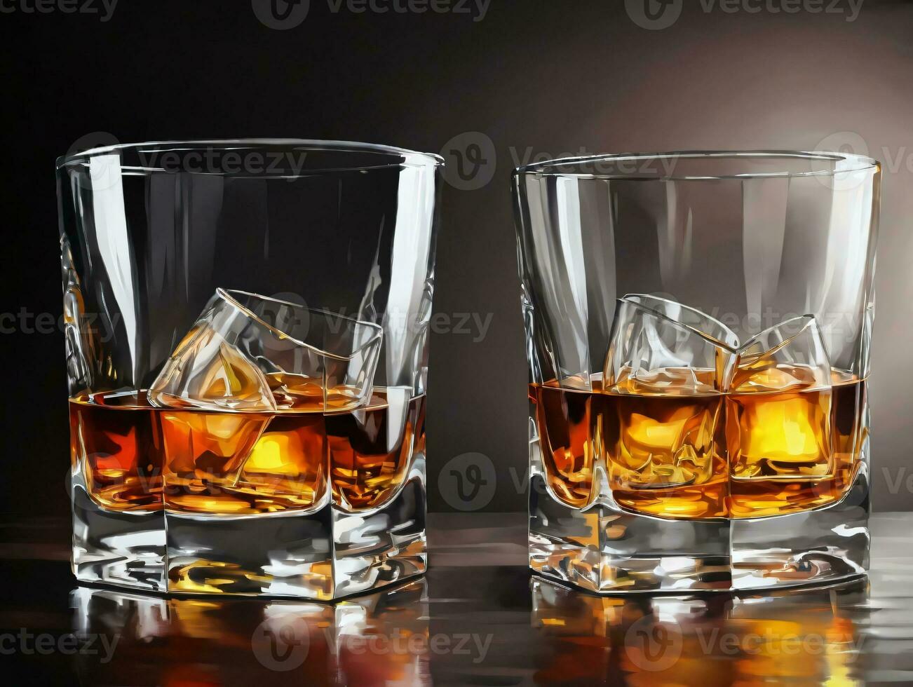 Two Glasses Of Whiskey With Ice Cubes On A Table. AI Generated photo