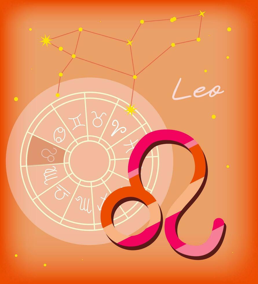 Leo sign, zodiac Background. Beautiful and simple vector image of orange, starry sky with leo zodiac constellation with encapsulated leo sign and constellation name.